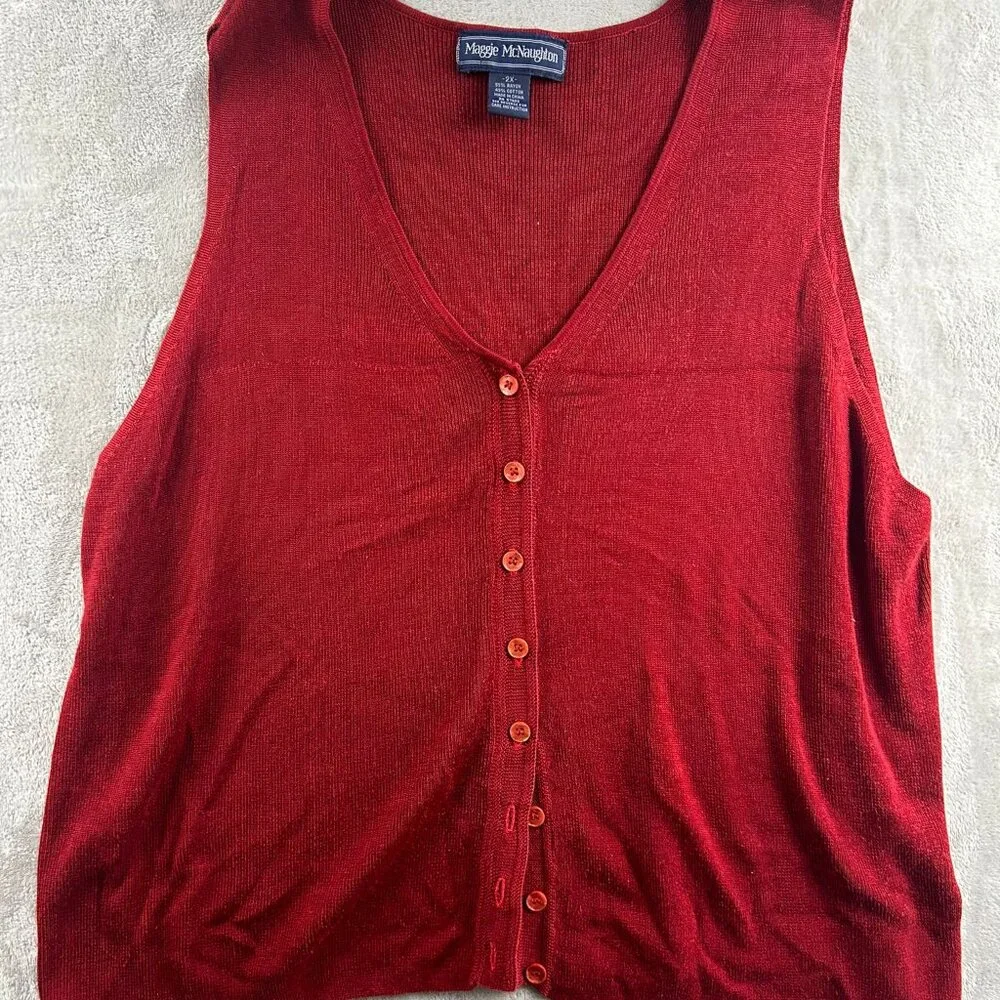 Maggie McNaughton Vest Sweater Buttoned Red 2X V-Neck Sleeveless - Picture 1 of 4